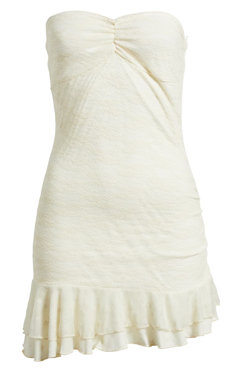BP. Lace Asymmetric Ruffle Strapless Minidress, Alternate, color, Cream