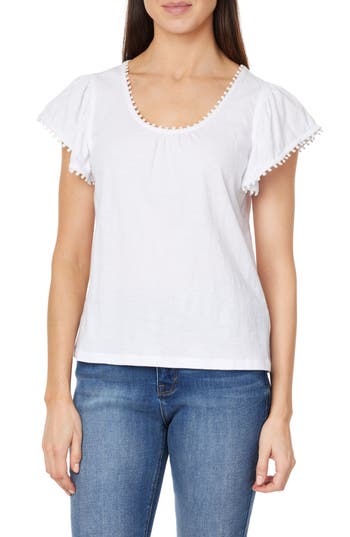 Curve Appeal Pompom Flutter Sleeve Cotton Top In Bright White