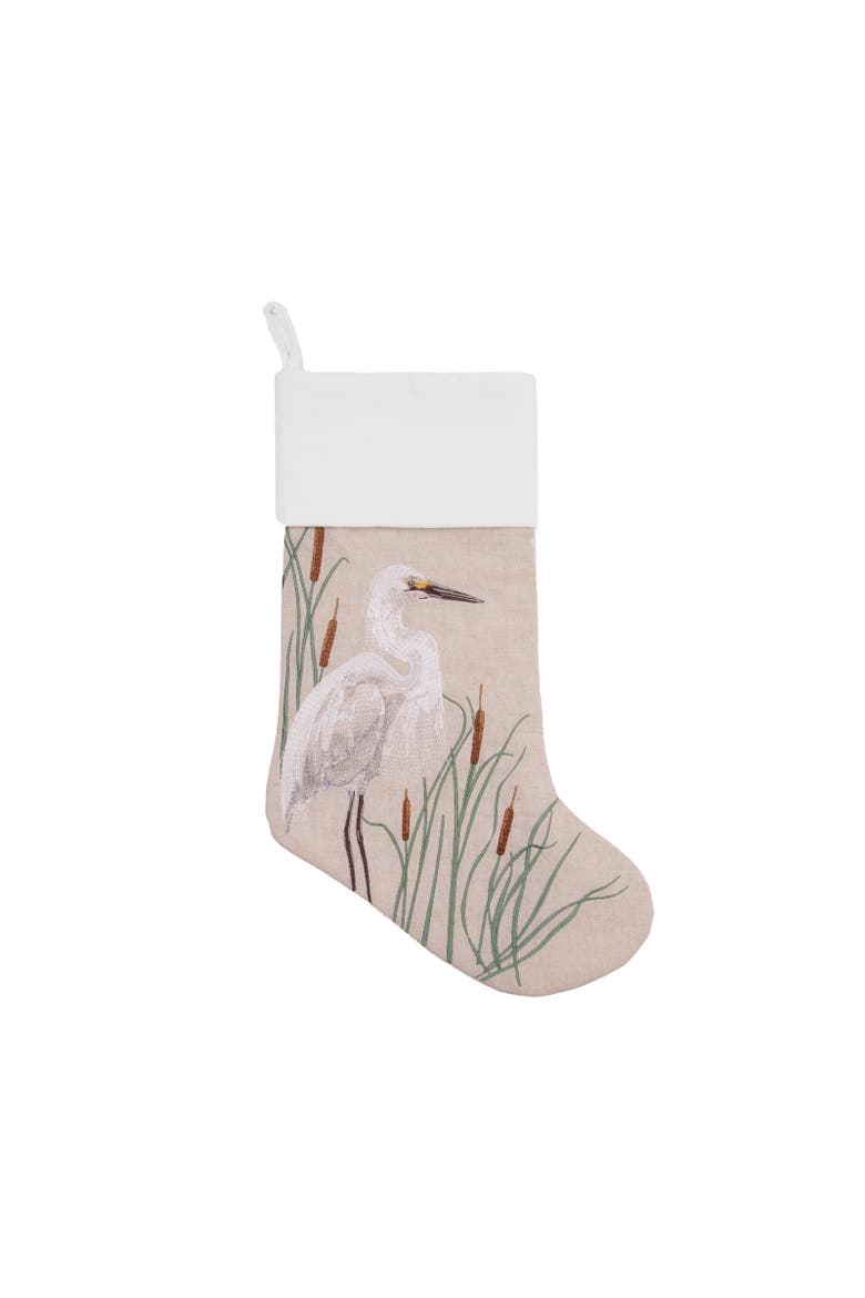 White Egret Embroidered Linen Christmas Stocking, Main, color, Beige