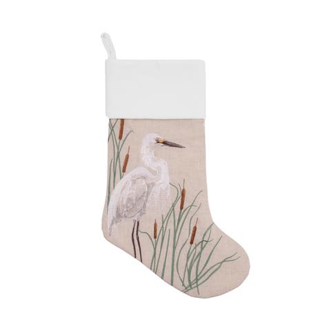 White Egret Embroidered Linen Christmas Stocking