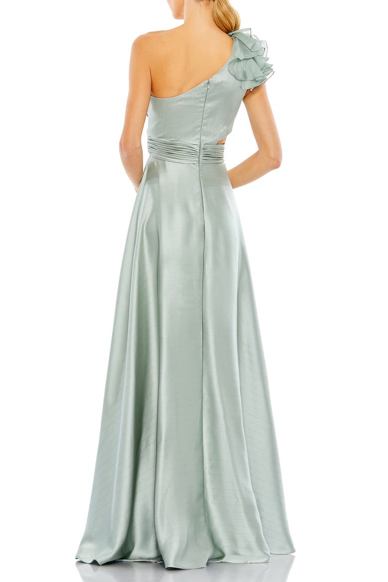 Ruffled One Shoulder Cut Out Hi-Lo Gown, Alternate, color, SAGE