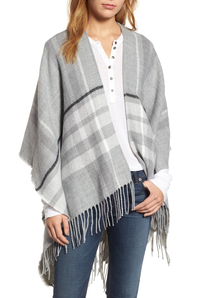 Plaid Fringe Wrap, Main, color, GREY COMBO