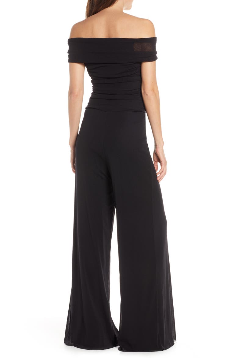 Ruched Bodice Off the Shoulder Mesh Jumpsuit, Alternate, color, BLACK