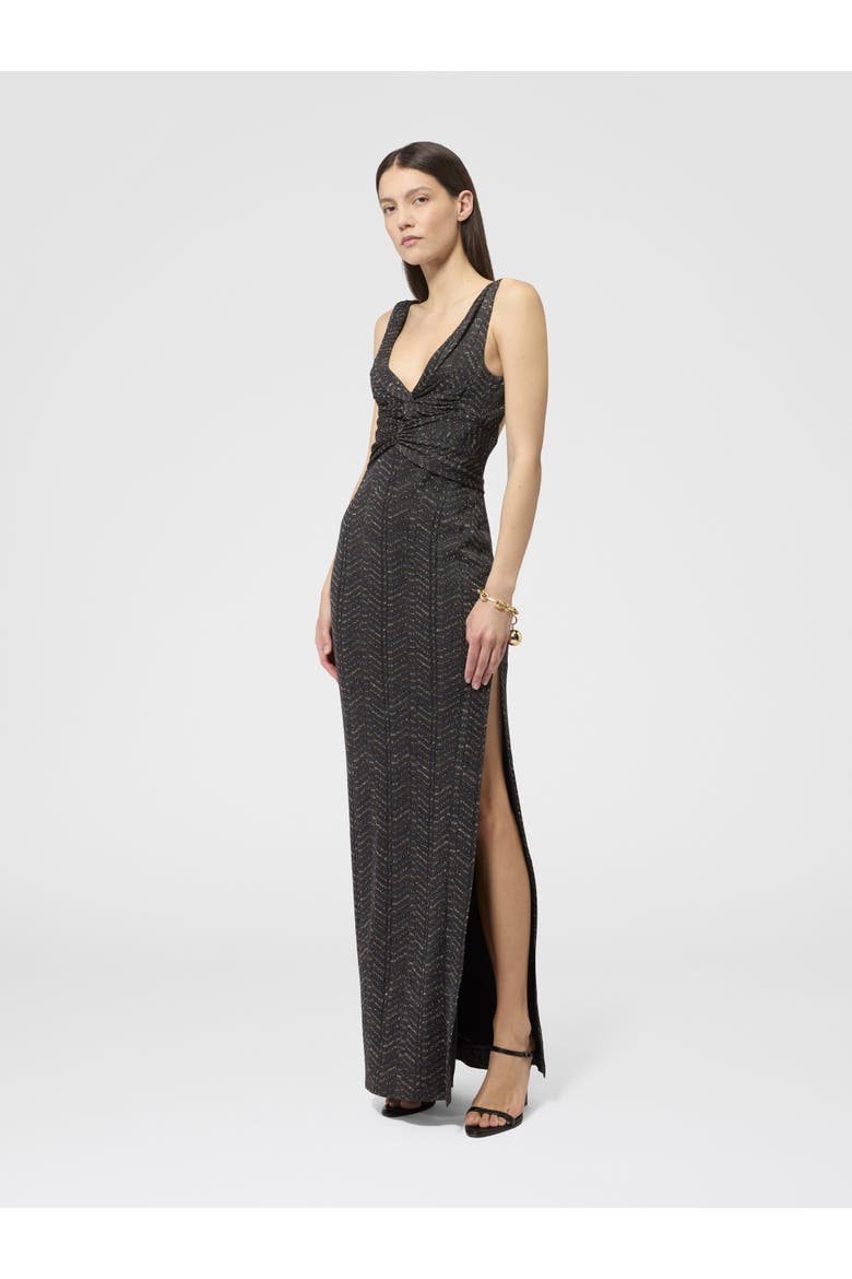 Long Dress In Lamé Viscose With Greek Key Motif, Alternate, color, Grey& Silver