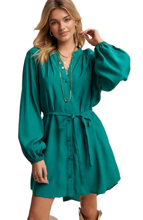 Belted Button-Up Bishop Sleeve Mini Dress