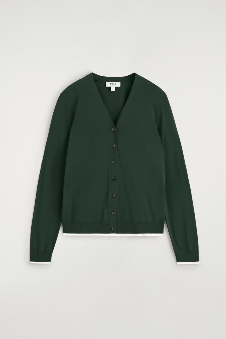 Layered-detail Knitted V-neck Cardigan, Alternate, color, DARK GREEN / WHITE