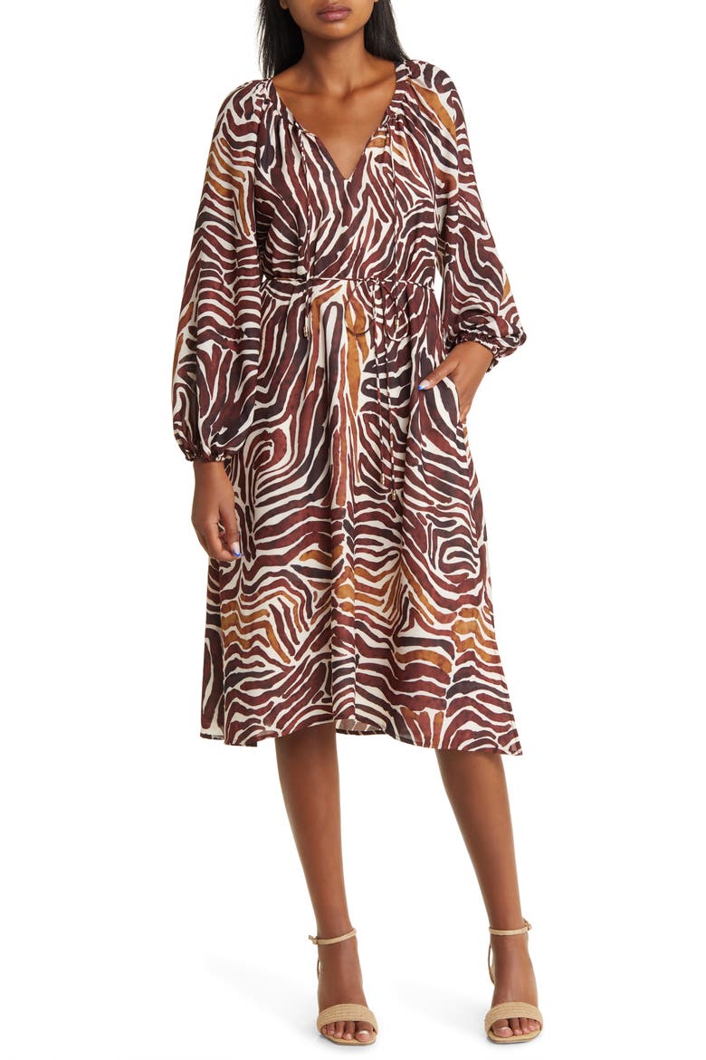 Zen Zebra Long Sleeve Midi Dress, Main, color, DOUBLE CHOCOLATE