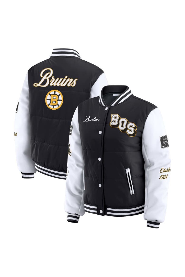 Women's WEAR by Erin Andrews Black/White Boston Bruins Varsity Full-Snap Puffer Jacket, Main, color, Black