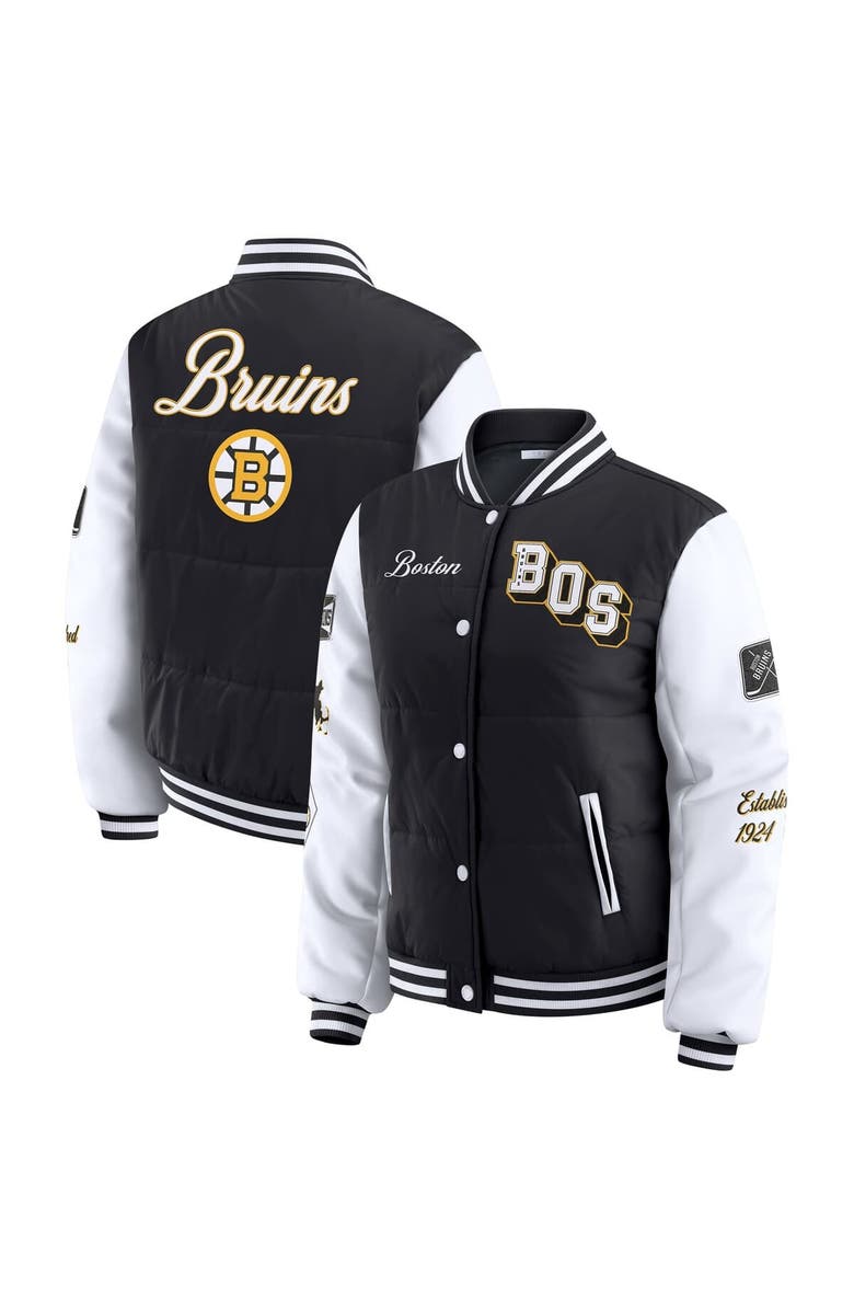 WEAR by Erin Andrews Women's WEAR by Erin Andrews Black/White Boston Bruins Varsity Full-Snap Puffer Jacket, Main, color, Black