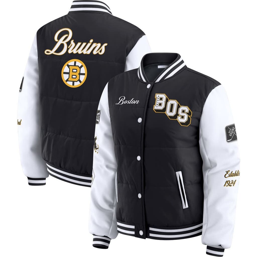 Wear By Erin Andrews Black/white Boston Bruins Varsity Full-snap Puffer Jacket