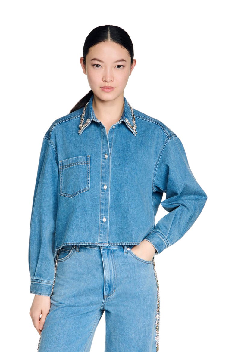 Denim shirt with rhinestones, Main, color, Blue jean