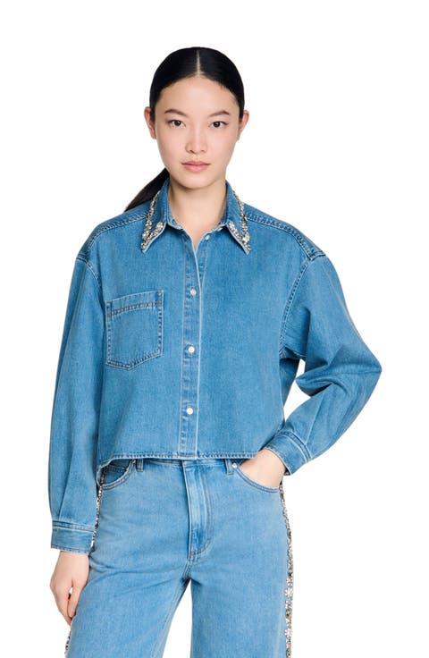 Denim shirt with rhinestones