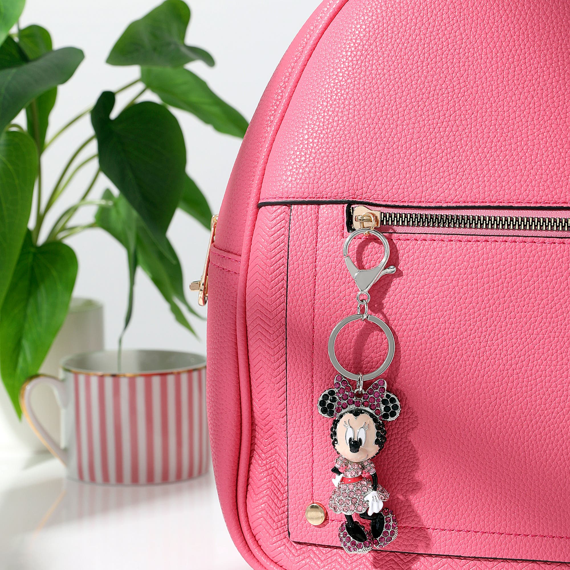 Disney Minnie Mouse Crystal Keychain, Pink Bow & Dress, Silver‑Tone, Alternate, color, Multi