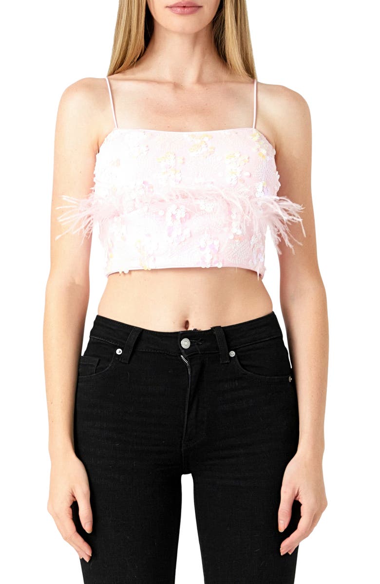 Endless Rose Sequin & Feather Crop Top, Main, color, Pink