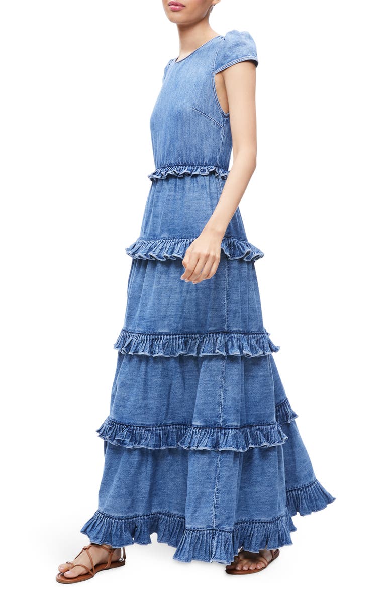 Alice + Olivia Cadby Cap Sleeve Tiered Denim Dress, Alternate, color,