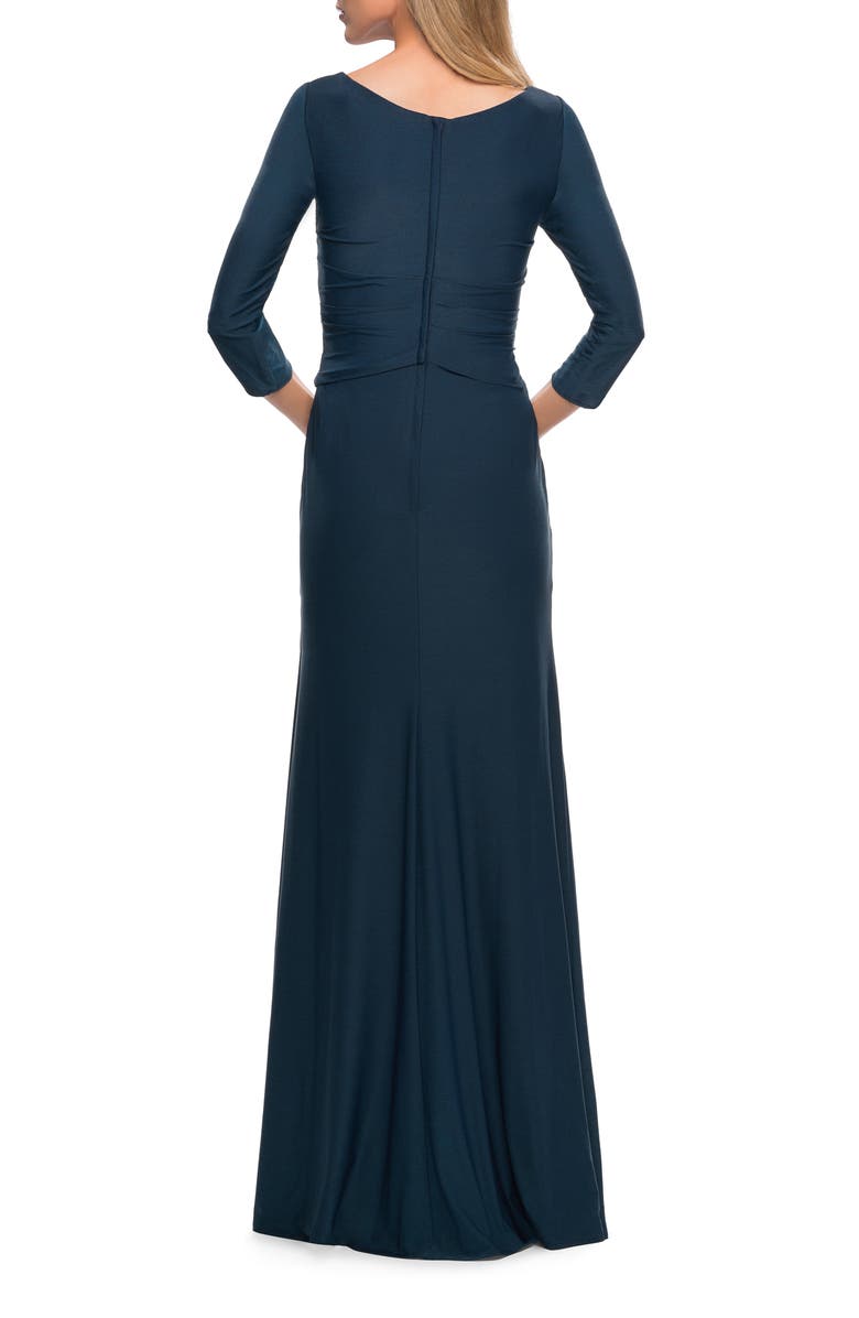 La Femme Ultra Soft Jersey Long Dress with Three-Quarter Sleeves, Alternate, color, Dark Teal