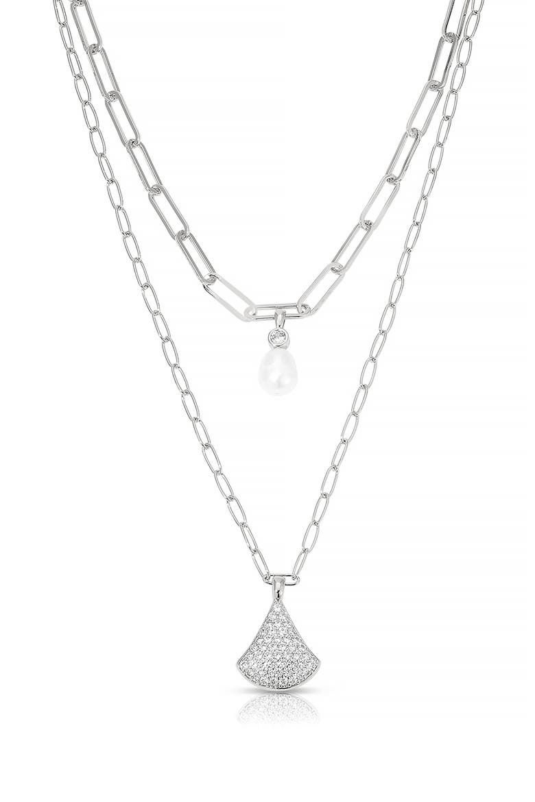 Layered Teardrop & Freshwater Pearl Charm Necklace, Main, color, SILVER