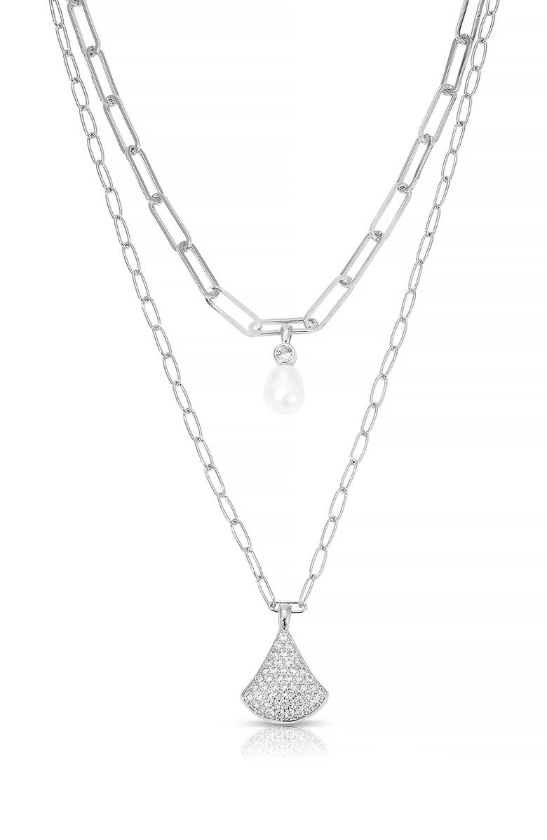 Ettika Layered Teardrop & Freshwater Pearl Charm Necklace, Main, color, Silver