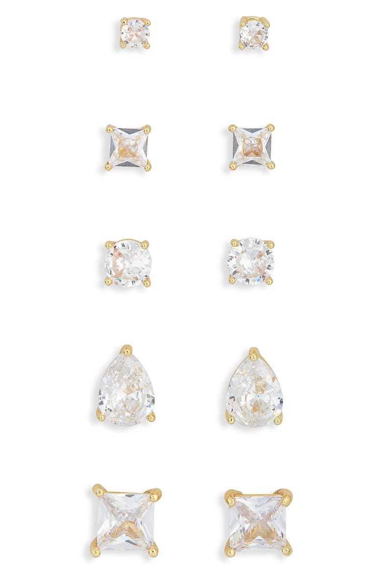 Set of 5 Cubic Zirconia Stud Earrings, Alternate, color, CLEAR- GOLD
