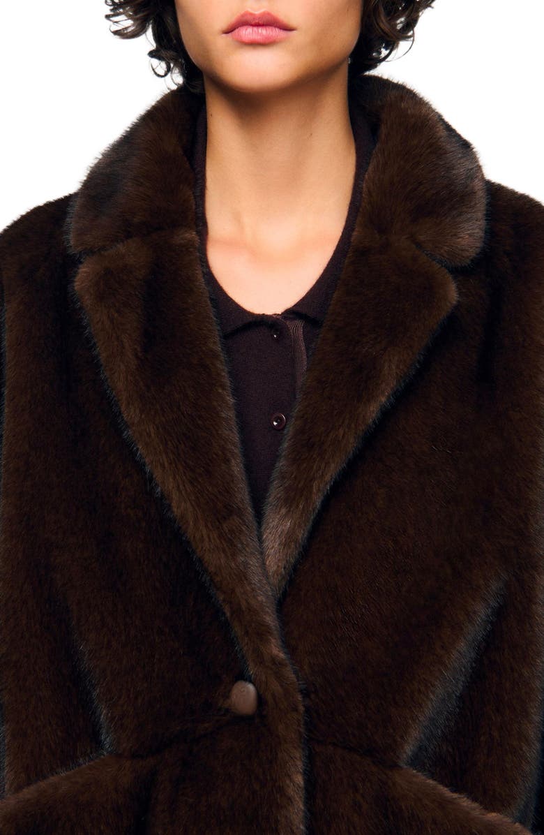 SANDRO Jacket-style faux fur coat, Alternate, color, Black Brown