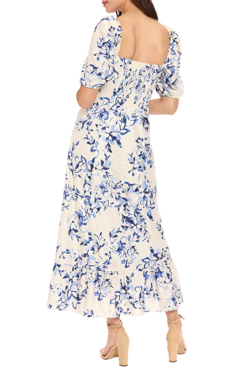 London Times Floral Puff Sleeve Empire Waist Midi Dress, Alternate, color, Ivory / Deep Blue