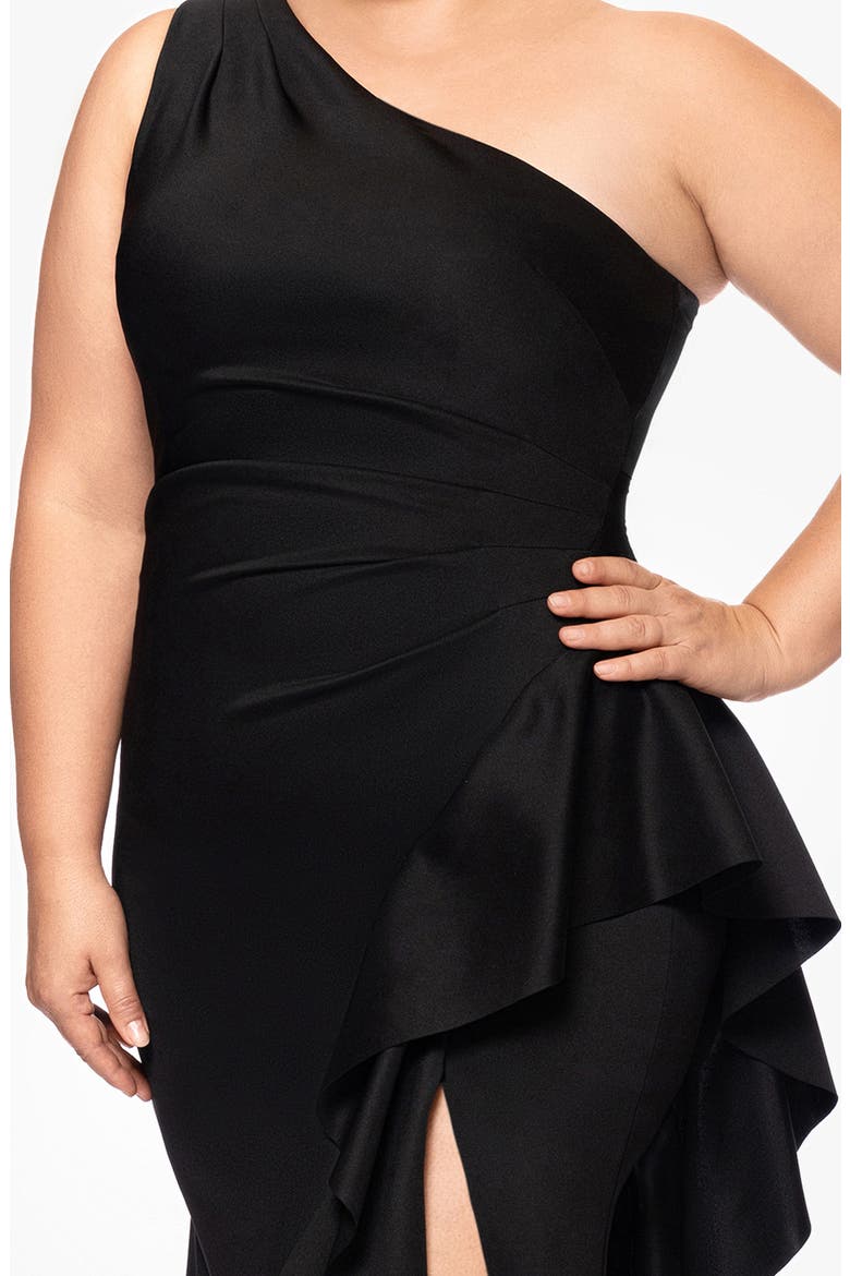 One-Shoulder Ruffle Scuba Knit Gown, Alternate, color, BLACK