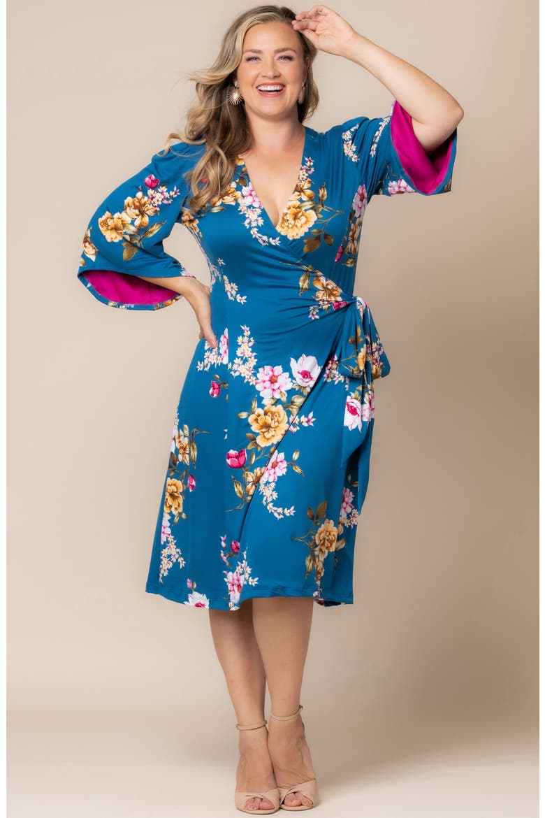 Gemini Floral Bell Sleeve Wrap Dress, Alternate, color, TEAL FLORAL PRINT