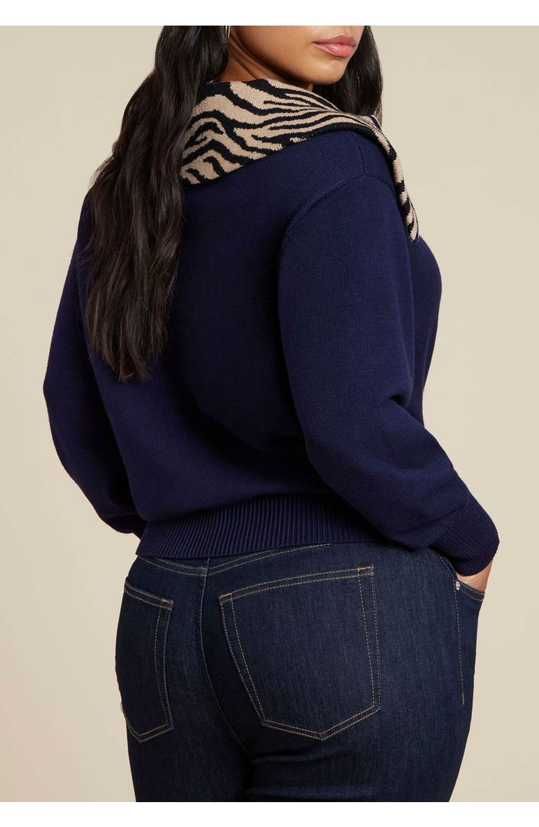 ELOQUII Sweater With Animal Print Collar, Alternate, color, Navy With Animal