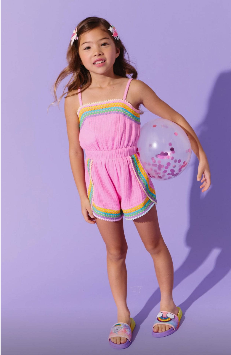 Lola + The Boys Rainbow Summer Romper, Alternate, color, Pink