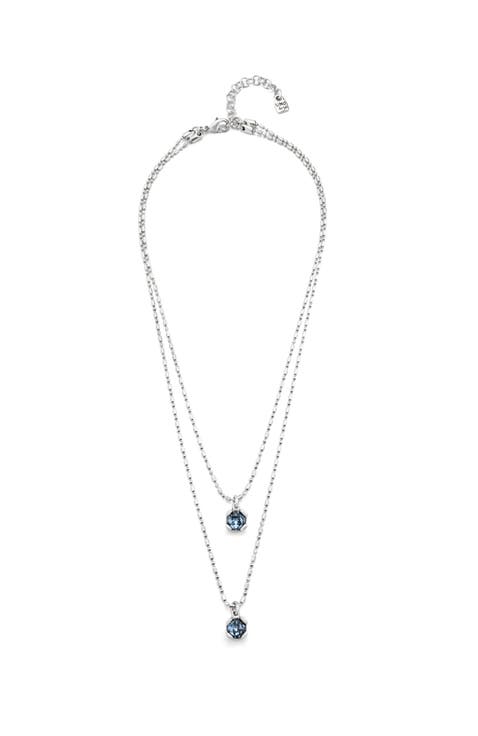 Sterling silver-plated blue necklace with blue crystals double chain