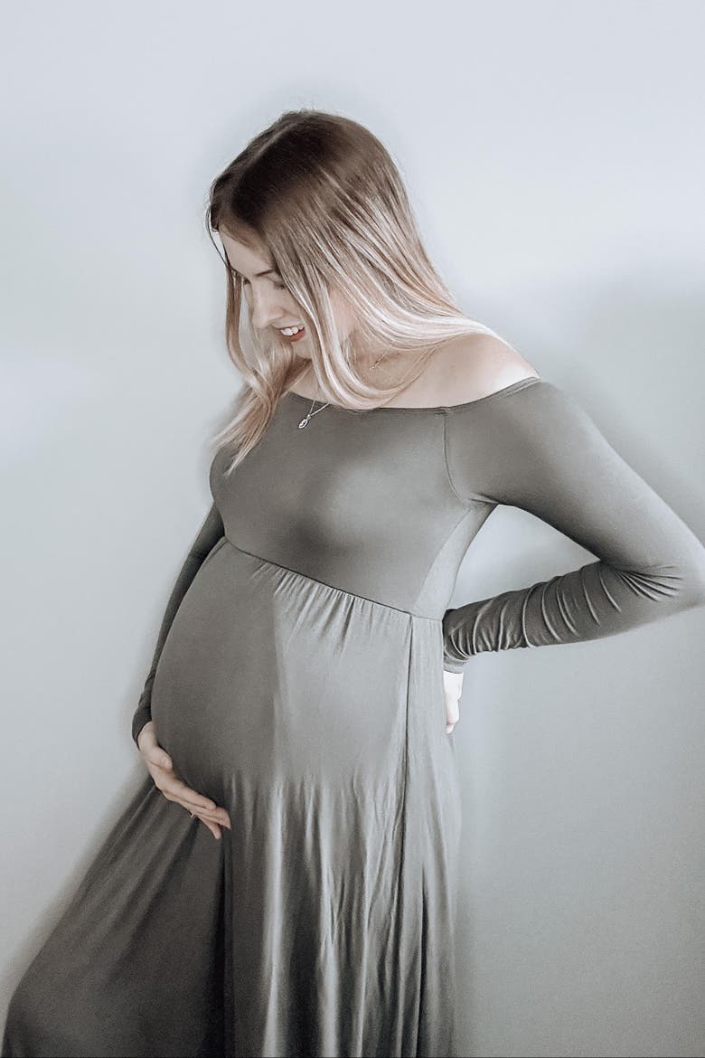 Solid Off Shoulder Maternity Maxi Dress, Alternate, color, Olive Green