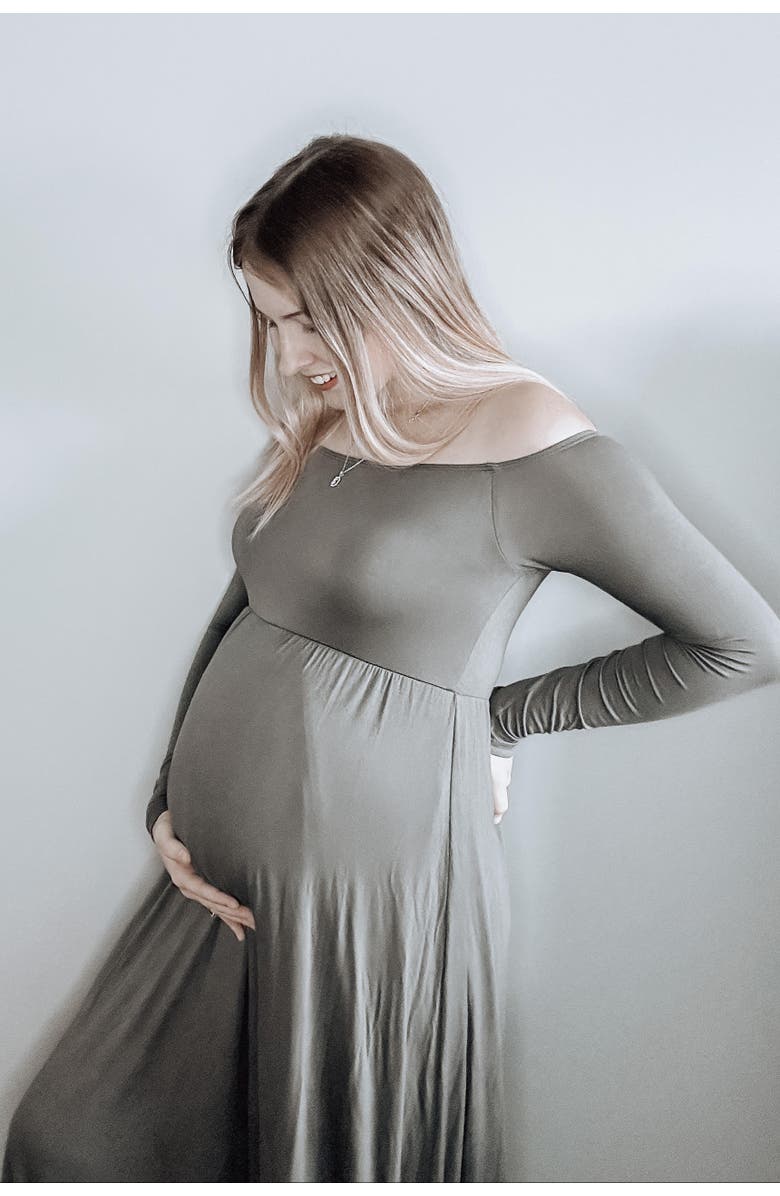 PinkBlush Petite Solid Off Shoulder Maternity Maxi Dress, Alternate, color, Olive Green