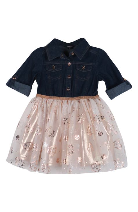 Kids' Denim Bodice Gingerbread Foil Print Dress (Toddler)