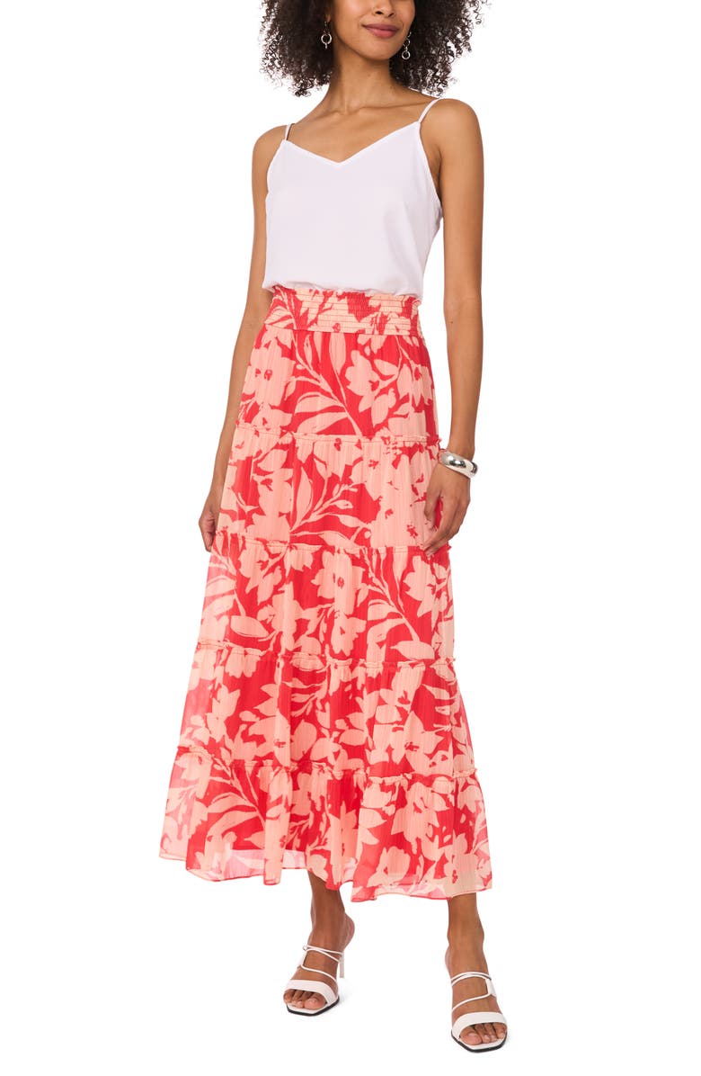 Vince Camuto Floral Tiered Smocked Waist Maxi Skirt, Alternate, color, Cayenne