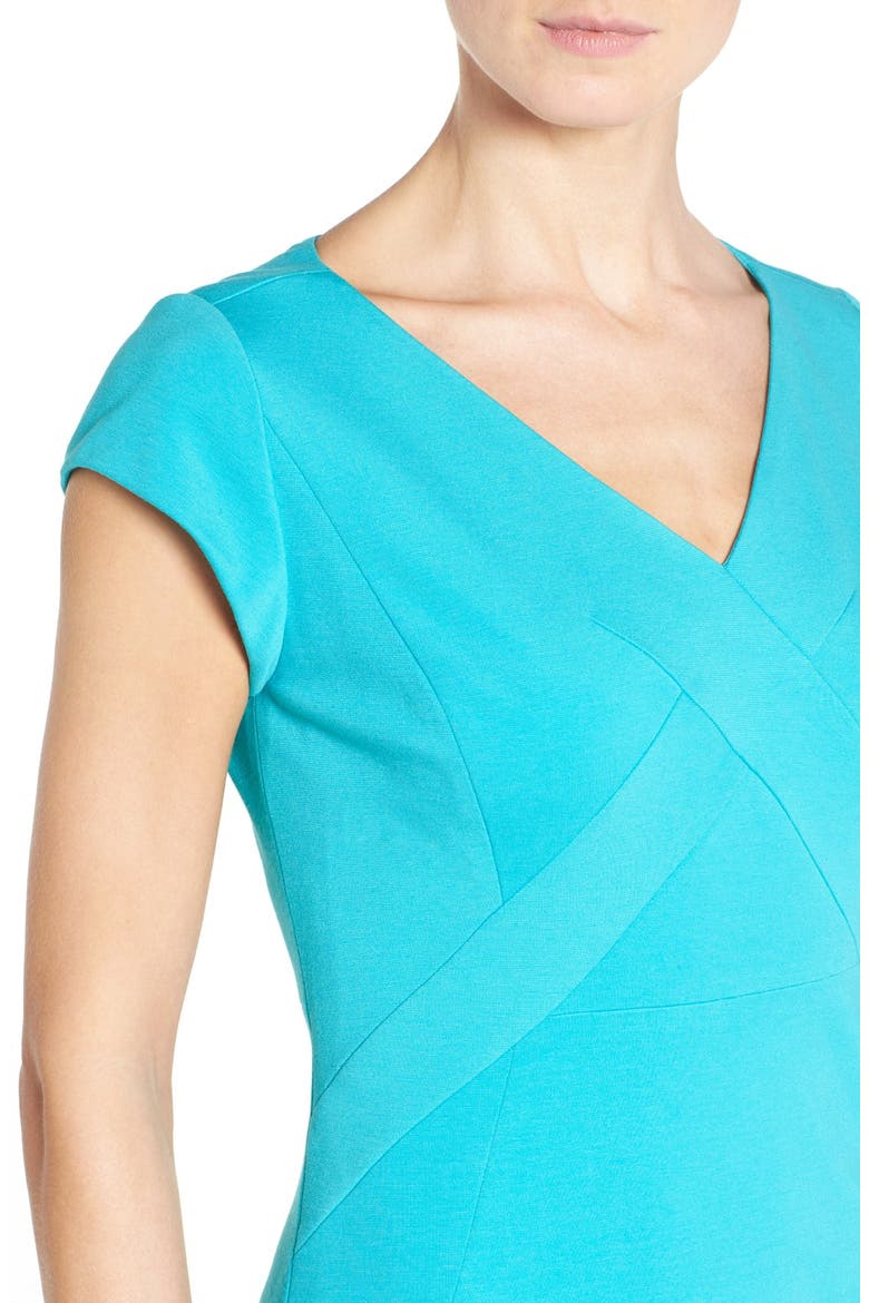 Ponte Knit V-Neck Sheath Dress, Alternate, color, TEAL PLUMAGE
