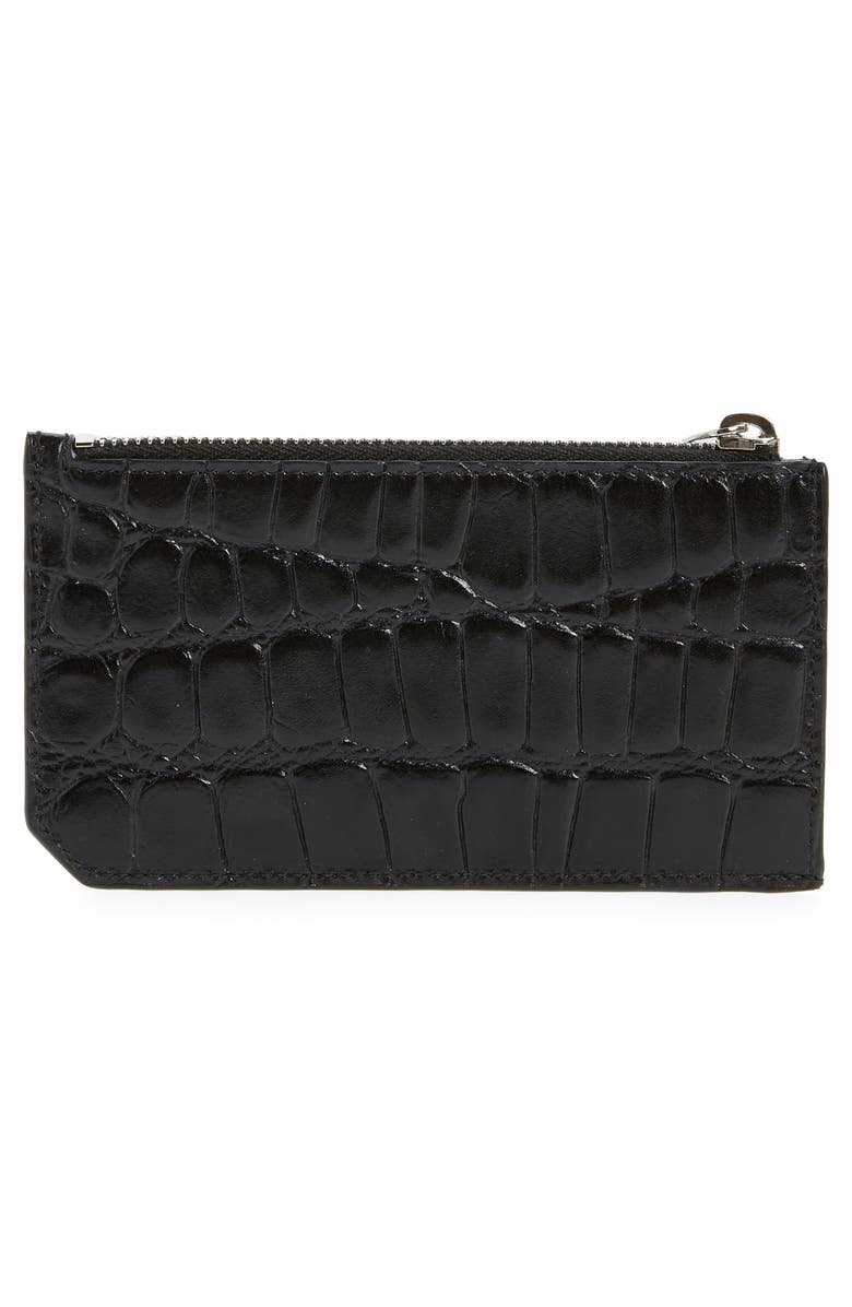 Saint Laurent Fragments Croc Embossed Leather Zip Card Case, Alternate, color, 