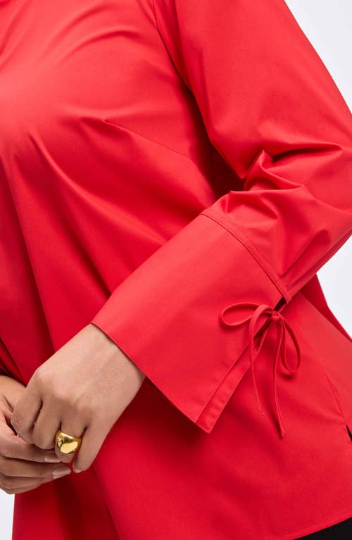 Foxcroft Carla Tie Cuff Cotton Blend Popover Top In Simply Red