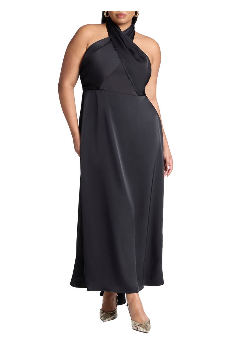 ELOQUII Halter Neck Satin Maxi Dress, Main, color, Black Onyx