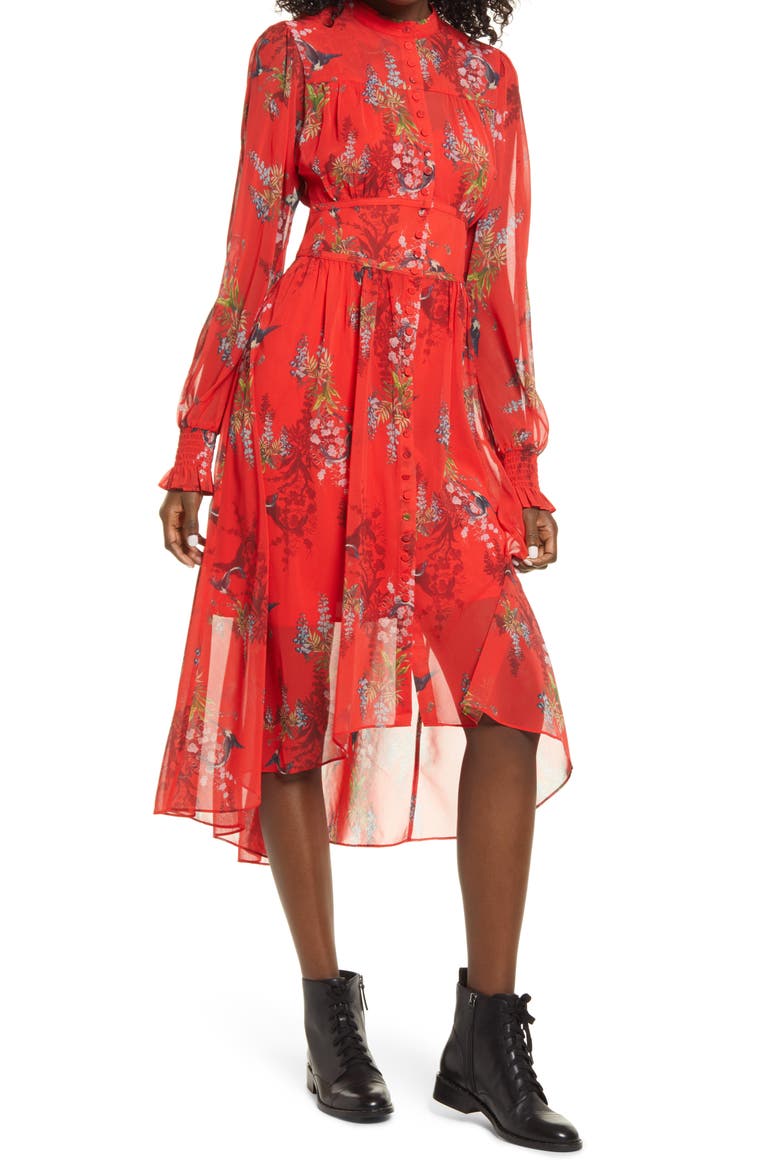 Leonie Melisma Floral High/Low Long Sleeve Dress, Main, color, RED