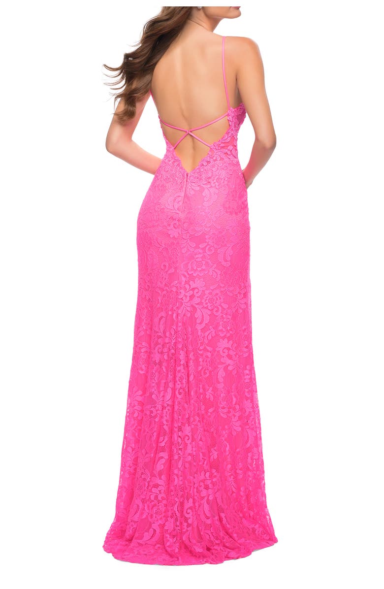 La Femme Stretch Lace Prom Dress in Neon Pink, Alternate, color, Neon Pink