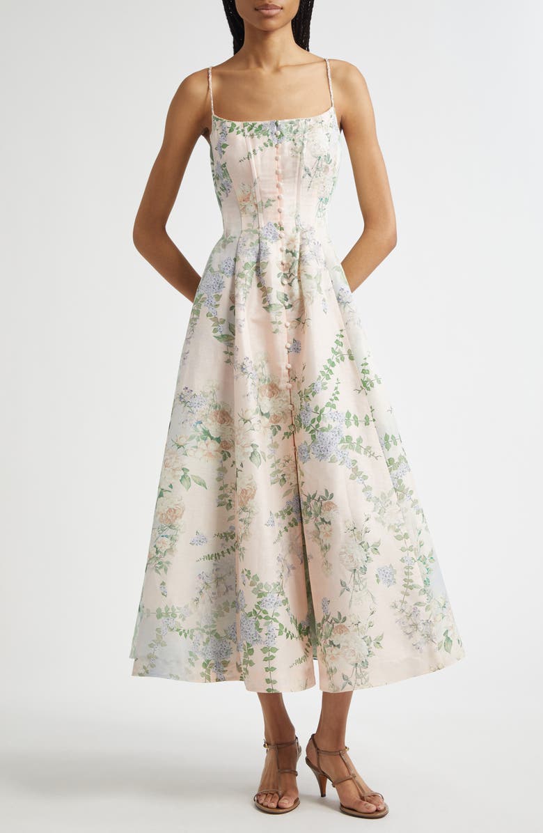 Camilla Corset Fit & Flare Linen & Silk Dress, Main, color,