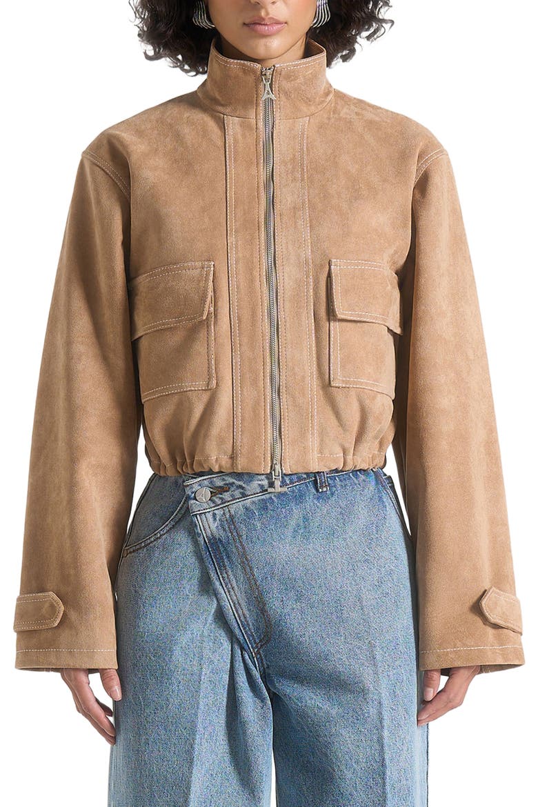 Nawel Suede Contrast Stitch Jacket With Cinched Hem, Alternate, color, Beige
