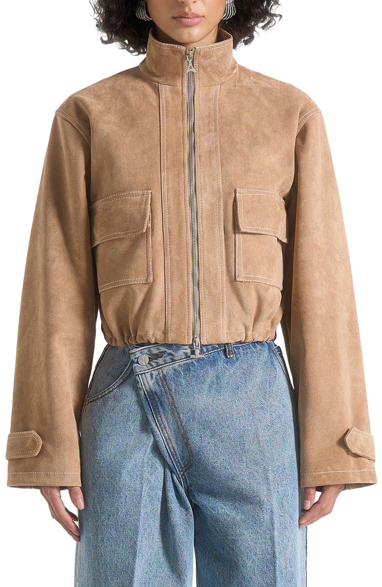 Manière De Voir Nawel Suede Contrast Stitch Jacket With Cinched Hem, Alternate, color, Beige