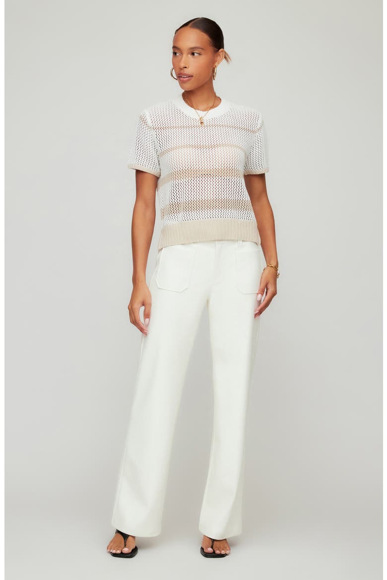 Faye Stripe Short Sleeve Mesh Stitch Sweater, Alternate, color, CREAM/ KHAKI
