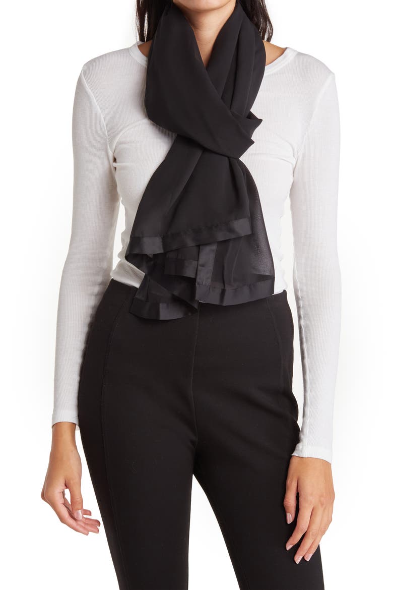 Satin Border Chiffon Scarf, Main, color, BLACK