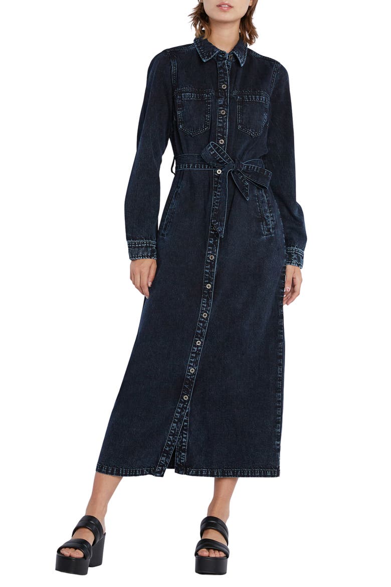 Tie Waist Long Sleeve Denim Maxi Shirtdress, Main, color, SLATE BLUE