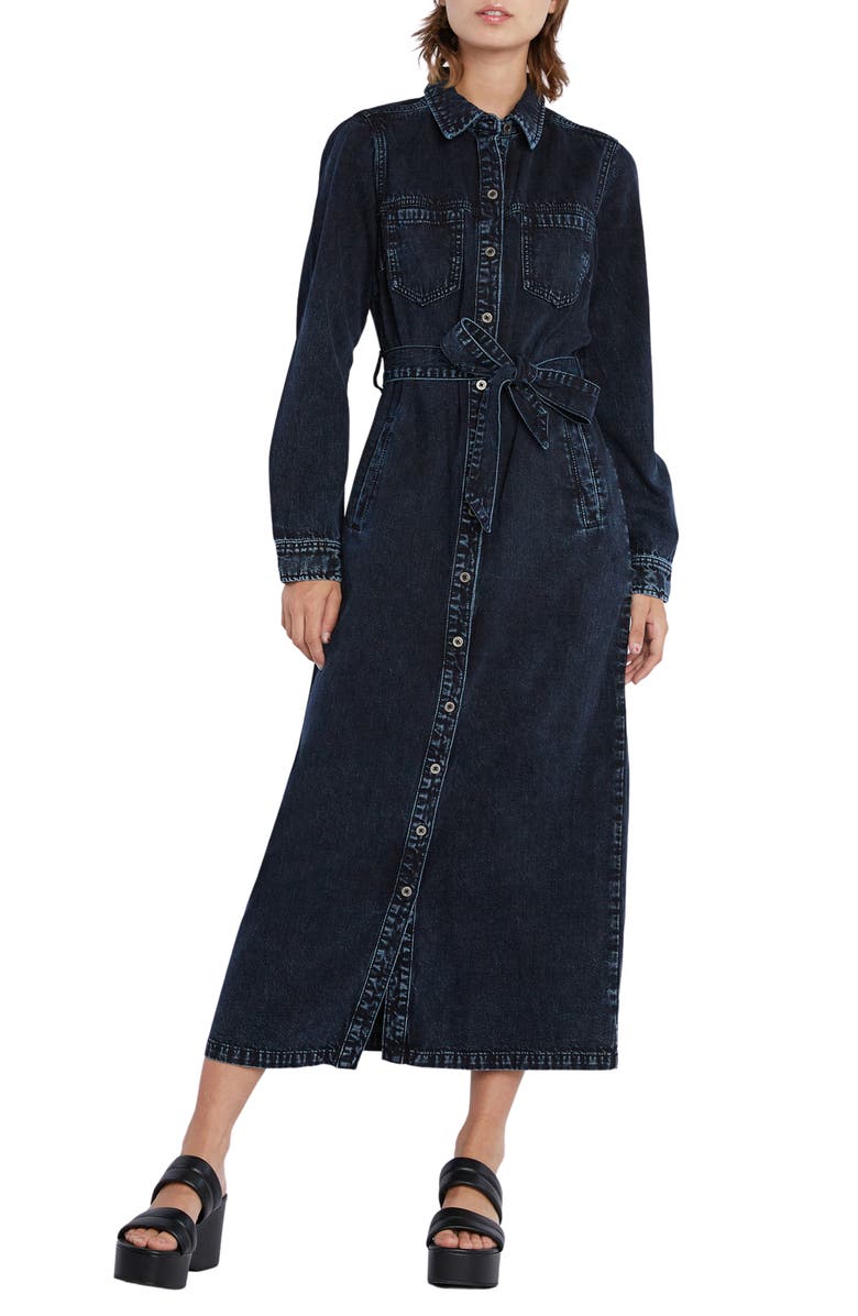 Wash Lab Denim Tie Waist Long Sleeve Denim Maxi Shirtdress, Main, color, Slate Blue