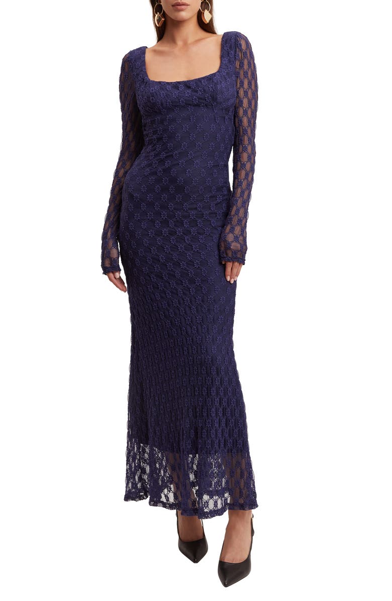 Bardot Adoni Long Sleeve Lace Overlay Midi Dress, Main, color, Navy