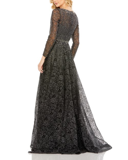 Mac Duggal Embellished Illusion Long Sleeve V Neck Gown In Graphite