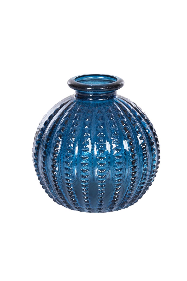 Mini Blue Decorative Round Ribbed Glass Vase 3.15", Main, color, Blue